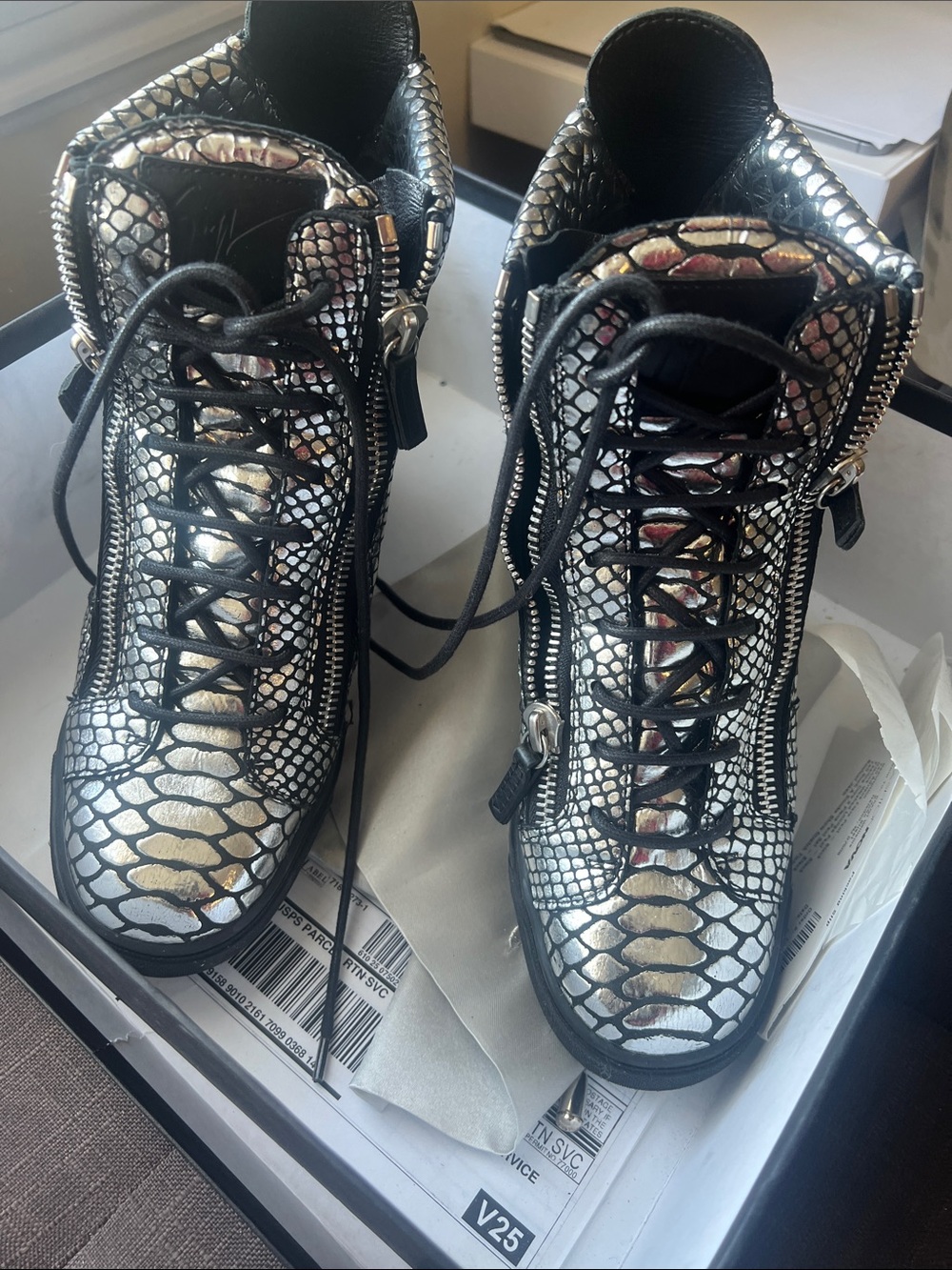 Giuseppe Zanotti Silver and Black Snake-Print High-Top Sneakers